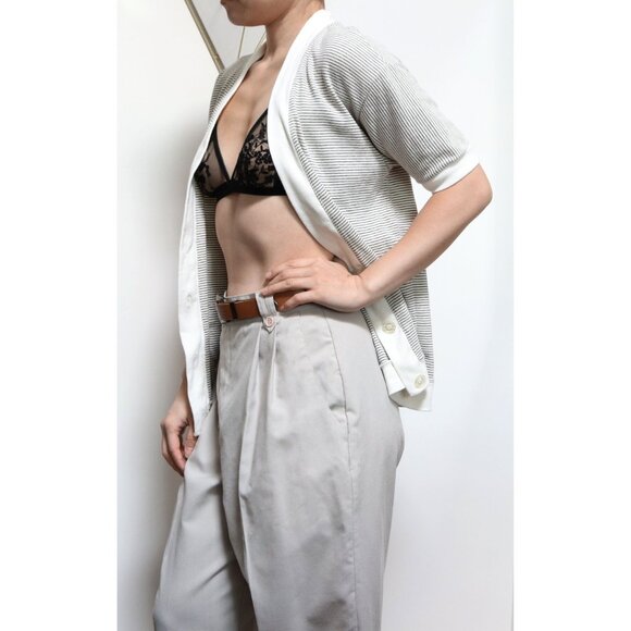 Vintage 80s Cream & Black Striped Short Sleeve Cardigan, Pinstripe Sweater - Picture 6 of 8